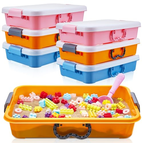 Suzile Lot de 6 bacs à sable portables avec couvercle - Petit bac sensoriel coloré en plastique avec poignées - Cadeau pour Noël - 38 x 25 x 8 cm - Jaune, bleu, rose