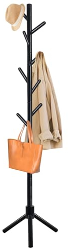 YheenLf Garderobenständer Holz, Kleiderständer Massivholz, Jackenständer für Kleidung, Hüte, Taschen, Eingang, Wohnzimmer, Schlafzimmer, 8 Haken, 3 Verstellbare Höhen, Schwarz, 42x180cm