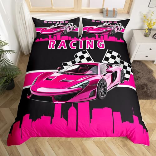 Homewish Mädchen Racing Auto Bettbezug 220x240 Extreme Sport Bettwäsche Sets,Sport Auto Tröster Abdeckung Rosa Race Auto Bett Set,Schwarz Rosa Bettwäsche,Moderne Stadt Silhouette Schlafzimmer Dekor