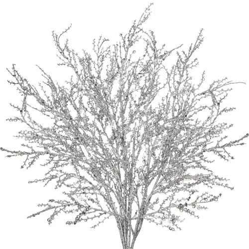 Hollyone 5 ramas de Navidad brillantes con lentejuelas, planta artificial blanca con tallos largos, palos de imitación para decoración de árbol de Navidad, boda de invierno, arreglo floral, fiesta