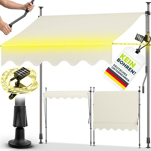 tillvex Klemmmarkise 150cm mit Handkurbel & LED Lichterkette Balkonmarkise | Markise Balkon UV-beständig, wasserdicht & höhenverstellbar | Outdoor Sonnenschutz zum Klemmen für Terrasse & Garten