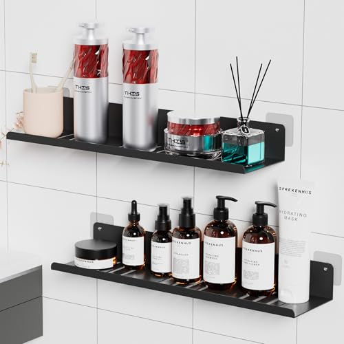 Wisfame Badregal Ohne Bohren 2 Stück, 40CM Lang Duschregal Edelstahl Duschablage Ohne Bohren Badezimmer Regal Schwarz für Shampoom, Dusch Wandregal zum Aufkleben