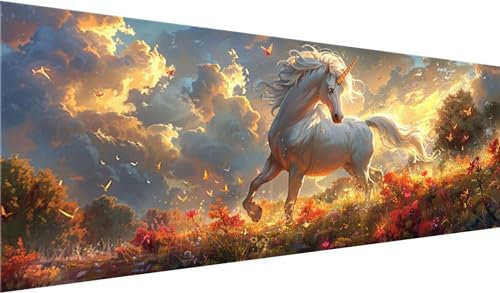 Diamond Painting Set 230x90 cm, DIY Einhorn Diamond Painting Eckige Steine Strass Cross Stickerei Kunst Kits, Diamond Painting Zubehör Set Basteln Erwachsene, Diamond Painting Tier für Wanddeko, Dekor