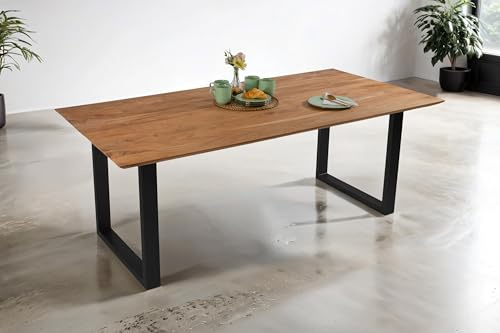 SAM Esstisch Dean 200x100 cm Akazie Eiche Schweizer Kante U-Gestell schwarz | Massivholztisch, Akazienholz eichefarben, Metallgestell, pflegeleichter Holztisch, Esszimmertisch