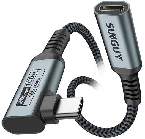 SUNGUY USB C Verlängerung 1M, 20Gbps 100W USB 3.2 USB C Kabel Verlängerung 90 Grad, 4K@60Hz Videoübertragung, Kompatibel mit iPhone 17 16 15 Pro Max, MacBook Pro/Air, Galaxy S24 S23