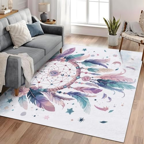Teppich Wohnzimmer Kurzflor Moderner Böhmischer Traumfänger 80x150 cm Schlafzimmer Teppich Flauschiger Waschbar Teppich, Teppiche für Arbeitszimmer Büro Super Weich Anti-Rutsch