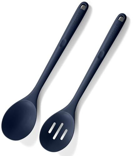 U-Taste Cuchara de silicona, calor hasta 315℃, 2 piezas, Azul Medianoche | 33,9 cm, larga sólida & ranurada, utensilio de cocina de goma grande antiadherente para mezclar servir revolver