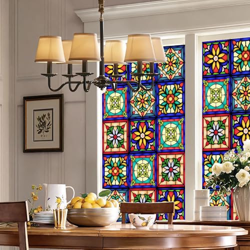 Heimerdinger Talavera Privacy Window Film - 17.7x78.7 Static Cling, No Glue Design with UV Protection for Bathroom & Shower, Mexican Style Decorative Glass Cover