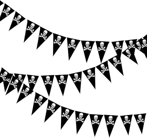 FUIPVGI 3 Piezas/13.5M Bandera Pirata Banderas Bandera Jolly Roger Cadena de Banderín Pirata Bandera Pirata Decoración de Fiesta de Pirata Decoración de Halloween de Cumpleaños Infantil (Negro)