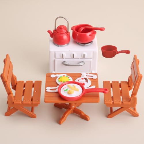 KARLOR Miniatur Möbel Set Küche,18 Stück Miniatur Küchenmöbel Esstisch Stühle Pot Ofen Geschirr, Mini Küchenutensilien Deko Mini Esszimmer Küche Möbel Puppenhaus Zubehör