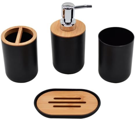 drburpily Kit d'accessoires de Salle de Bain en Plastique et Bois, 4 pièces, Kit utile pour la Maison et l'hôtel, Kit de Salle de Bain en Plastique et Bois résistant pour aux Chocs, Noir 4 pièces