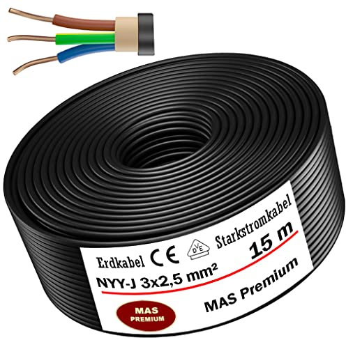 MAS Premium 5-170m NYY-J 3x1,5 2,5 4 6 10 16 oder 5x1,5 2,5 4 6 10 16 Erdkabel Starkstromkabel Elektrokabel Ring zur Verlegung im Freien Erdreich (NYY-J 3x2,5 mm², 15 m)