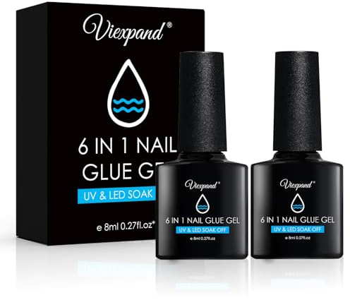 2 Pezzi 8ml Colla per Unghie Finte Gel Tips 6 in 1, Gel Colla per Unghie Con Pennello, per Unghie Finte,Punta Morbida, Bisogno di Indurire Sotto Lampada UV, 60 Secondi di Secco