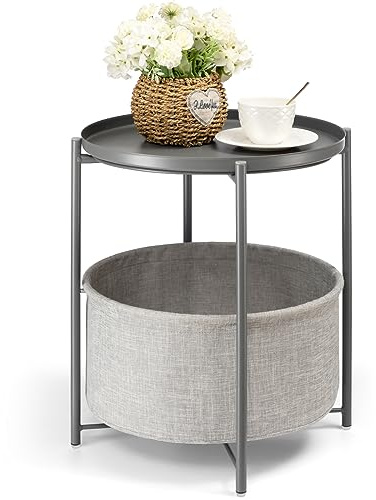 danpinera Tavolino Rotondo, Tavolini da Salotto, Piccolo con Cesto Portaoggetti in Tessuto, Coffee Table Rotondo con Vassoio Rimovibile per Soggiorno, Camera da Letto, Cameretta dei Bambini, Grigio