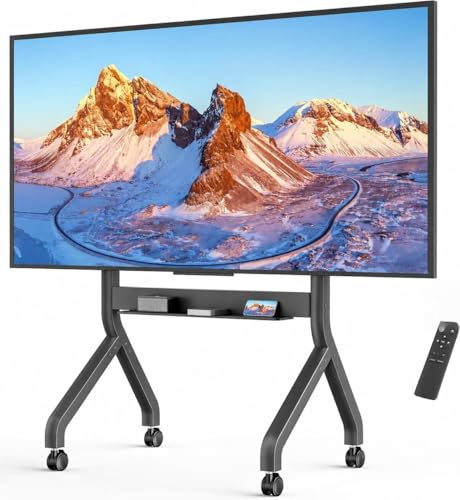 ECOTINY TV Ständer rollbar (55-90 Zoll) – 2026 NEU, elektrisch höhenverstellbar auf Knopfdruck, Fernseher auf Rollen bis 90 kg, VESA 100x100–900x600, Ablagefach aus Stahl – Büro & Geschäft