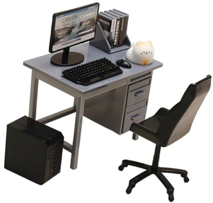 Fenteer Dollhouse Accessories Doll House Decoration Simulation Desktop Computer Model Mini Office Desks and Chairs Set Kids Birthday Gift Miniature Computer Set, Grey Desk