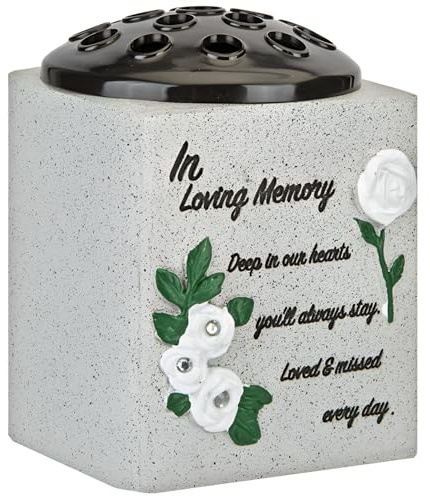 In Loving Memory Grave Flower Pot Vase – Memorial Flowers Holder with Roses & Diamantes – Weatherproof Cemetery Vase – Removable Flower Insert & Inscription – Graveside Remembrance Ornament