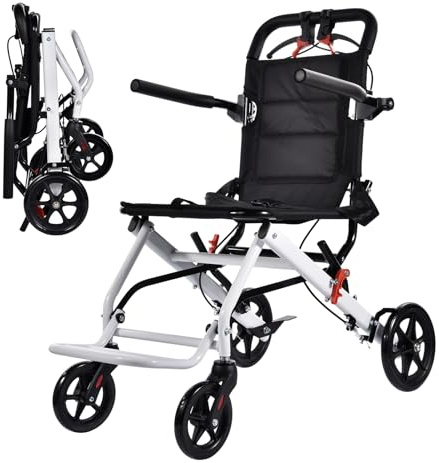 Sedia a rotelle da viaggio, pieghevole, 8,2 kg, leggera, con freno a mano, sedia a rotelle per anziani e anziani, portata fino a 100 kg, aiuto compatto per la mobilità per interni ed esterni