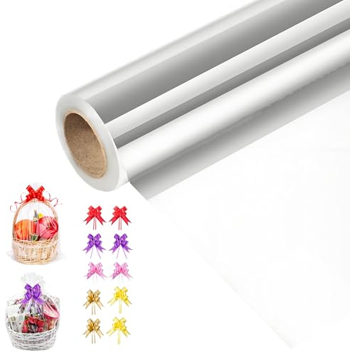 Pellicola regalo trasparente, 40 cm x 30 m, pellicola trasparente in cellophane con 10 fiocchi, spessore 3 ml, per matrimoni, fiori, cesti regalo, rotolo di carta trasparente per Natale