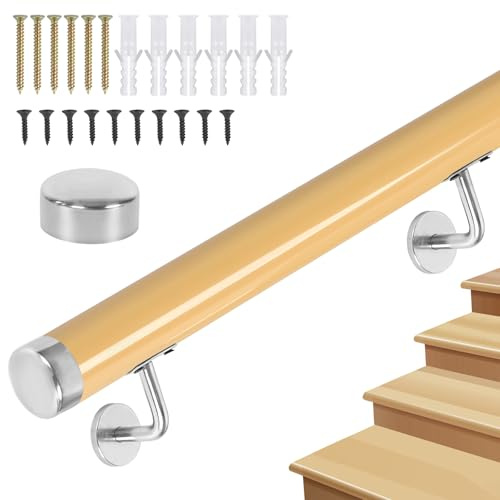 Handrail with Brackets, Non-Slip Stair Railings Support Rod, Against The Wall Elderly and Children's Safety Banister Rail for Indoor Loft - PVC Imitation Wood Handrails for Stairs