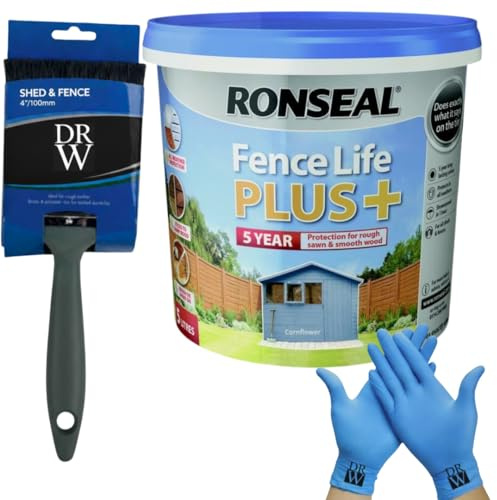 DRW One Coat Shed & Fence Protector Cornflower 5L UV protection + Free 4 Fence Paint Brush & Nitrile Gloves | Long-Lasting Weatherproof Wood Protection | One Coat Formula for Sheds and Fences