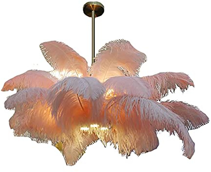 Luz De Plumas De Avestruz Creativa Americana, Lámpara De Techo De Fuente Auxiliar LED E14 +, Lámpara De Araña De Plumas Ligeras Para Accesorio De Iluminación De Sala De Estar/Blanco./100 * 65 Cm