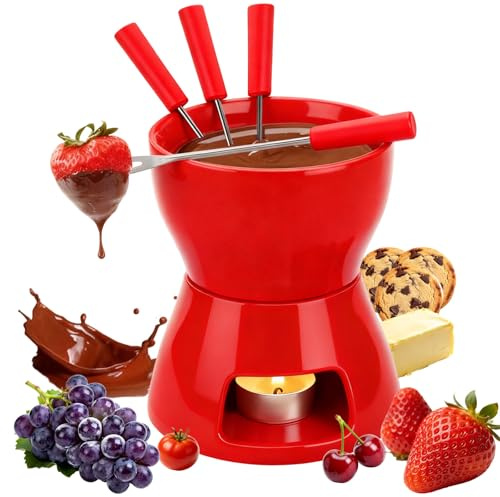 JTENGYAO Red Chocolate Cheese Fondue Pot Set, 300ml Ceramic Butter Fondue Pot with 4 Forks, Dessert Melting Pot for Dates, Birthdays, Christmas, Valentine's Day, Party, Gift, No Tealight Included