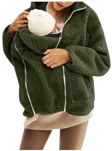 Damjacka tjockare 2-i-1 moderskap vinterrock dragkedja bär jacka sherpa känguru huvtröjor, Armégrönt, 3XL