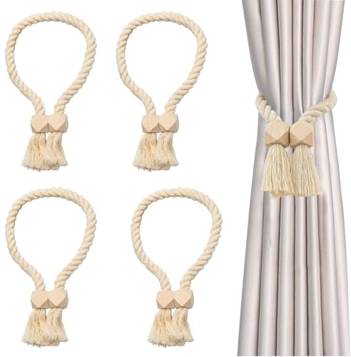 Magnetisk gardin, gardinhållare, 4 stycken gardinomtag för gardiner, gardinstång av trä, handvävd gardinhållare, gardiner, gardinomtag bomullsrep för gardiner, hem, kontor, gardiner, dekoration (beige