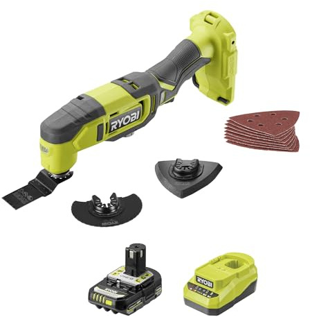 RYOBI Multitool 18V ONE+™ - PVC-metallträskärning, precisionsslipning, renovering, placo, parkett, 3 huvuden + 2Ah-batteri + laddare RMT18-1C20GP
