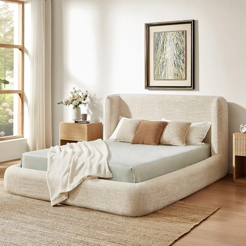 Yechen Queen Platform Bed Frame, Upholstered Queen Bed Frame with Headboard, 6.3 Thick Padded Cloud Bed Frame with CULP Performance Fabric, Tool-Free Assembly, No Box Spring Needed, Noise Free, Cream