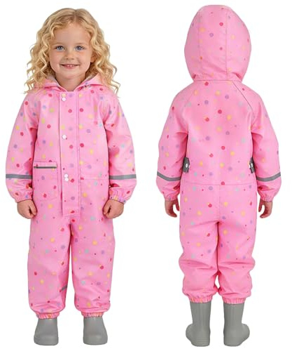 Saxrel Kids Puddle Suit Printed Waterproof All-In-One Hooded Rain Suit - Reflective Strips Lighweight Raincoat 1-8 Years for School Puddle Play & Outdoor Sports Running