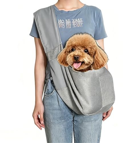 Small Dog Sling Carrier Hands Free Cat Carry Breathable Puppy Sling Carrier Pet Carriers Shoulder Tote Bag with Adjustable Safety Leash & Front Pocket for Small Pets up to 6kg, Outdoor Walking Travel