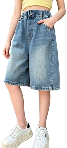 Rolanko Short en Jean pour Filles, Taille Élastique Bermudas Jambes Larges Shorts D'été pour Ado Enfant