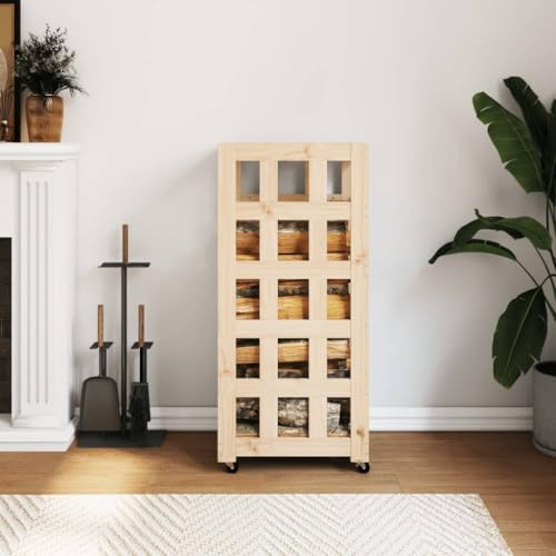 sephironlbb Étagère à bûches de cheminée avec roulettes en pin massif - 40 x 49 x 110 cm - Pour le rangement, le transport et le stockage - Support empilable en bois pour cheminée et salon