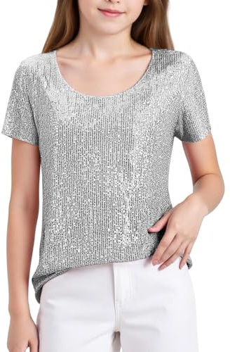 and Shine T-shirt à manches courtes à paillettes à paillettes avec col rond pour les loisirs, respirant, pour l'école, les activités de plein air, gris, 170