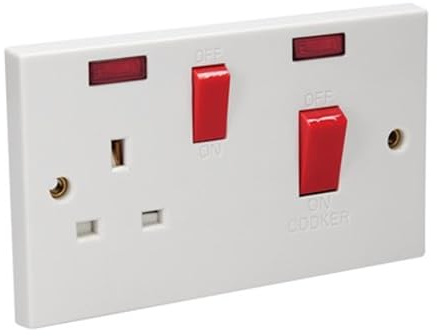 STATUS Cooker Switch with Socket | 45A 1 Gang Cooker Switch | White Plastic with 2 Neon Light Indicators | S1G45ACSX5