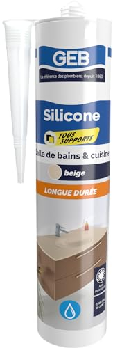 GEB Silicone sanitaire tous supports couleur beige pour l'étanchéité sanitaire. Anti-moisissures, sans odeur et longue durée - 280 ml