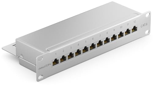 deleyCON CAT 6 Patchpanel Verteilerfeld 12 Port RJ45 - Grau | Desktop, 10 Zoll Rackeinbau, Servermontage, geschirmt, TIA568A TIA568B