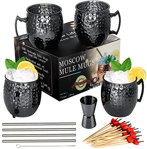 Moscow Mule muggar – set med 4 svartpläterade rostfritt stål mugg 510 ml, för kylda drycker? Svart