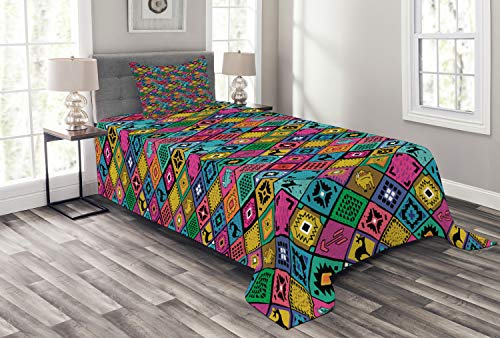 ABAKUHAUS südwestlich Tagesdecke Set, Boho-Patchwork, Set mit Kissenbezügen Sommerdecke, für Einzelbetten 170 x 220 cm, Mehrfarbig