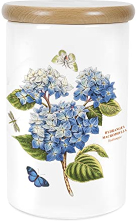Portmeirion x Botanic Garden Storage Jar - Airtight Earthenware Jar, Hydrangea Motif, Durable and Stylish, Suitable for Keeping Coffee, Tea, Sugar, or Snacks Fresh