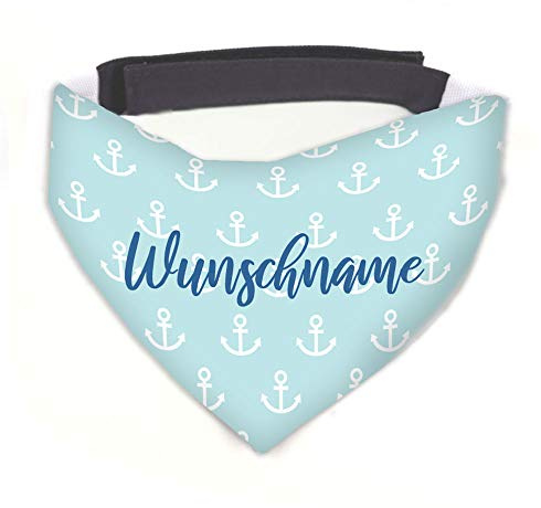 Hundehalstuch Anker blau / weiß personalisiert inklusive Wunschname mit 12 cm Klettverschluss für kleine, mittlere und große Hunde, Hunde-Halstuch / Dreieckstuch (M Halsumfang 38-45 cm)
