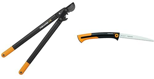 Fiskars PowerGear II Bypass-Getriebeastschere für frisches Holz, Länge: 70 cm, Schwarz/Orange, L78, 1000584 & Große Handsäge für frisches Holz, Grobzahnung, Sägeblattlänge: 25,5 cm, Schwarz/Orange