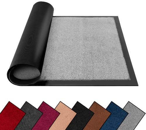 FB FunkyBuys Washable Dirt Trapper Door Mats Indoor & Outdoor, Heavy Duty Non Slip Doormats, Rubber Backed Floor Mat, Super Absorbent Front Door Mat, Entrance Rug (Grey-Plain, 60cm x 80cm)