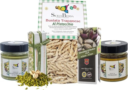 Sicilia Bedda - BOX PISTACCHIO SICILIANO - 5 Prodotti Tipici Siciliani - Busiate, Pesto, Crema, Cioccolato di Modica, Torrone