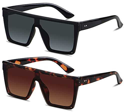 LYZOIT Square Oversized Sunglasses for Women Men Big Flat Top 2 pack Fashion Shield Large UV Protection Rimless Shades Black Tortoise Sun glasses