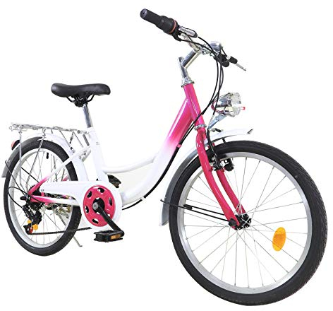 Fetcoi 20 Zoll Kinderfahrrad für Jungen und Mädchen 6 Gang Kinderrad Jugendfahrrad Mountainbike Damen Fahrrad V-Bremse für 1,55-1,70m (bis 90kg) Pink/Weiß