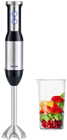 Max Star Batidora de Mano 2 Velocidades 600W Cuchillas de Acero Inoxidable Mango Ergonómica Batidora de Vaso 500ml Pie Desmontable Material de Acero Inoxidable LED Turbo Truturadora de Alimentos