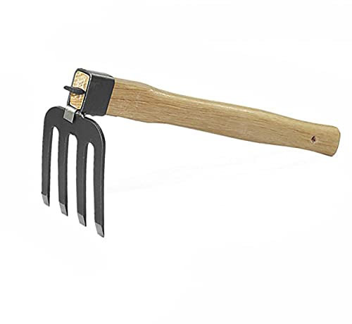Jia Hu 1 x Hacke und Harke 2-in-1 mit Holzgriff zum Pflanzen von Erde, Glätten und Lockern